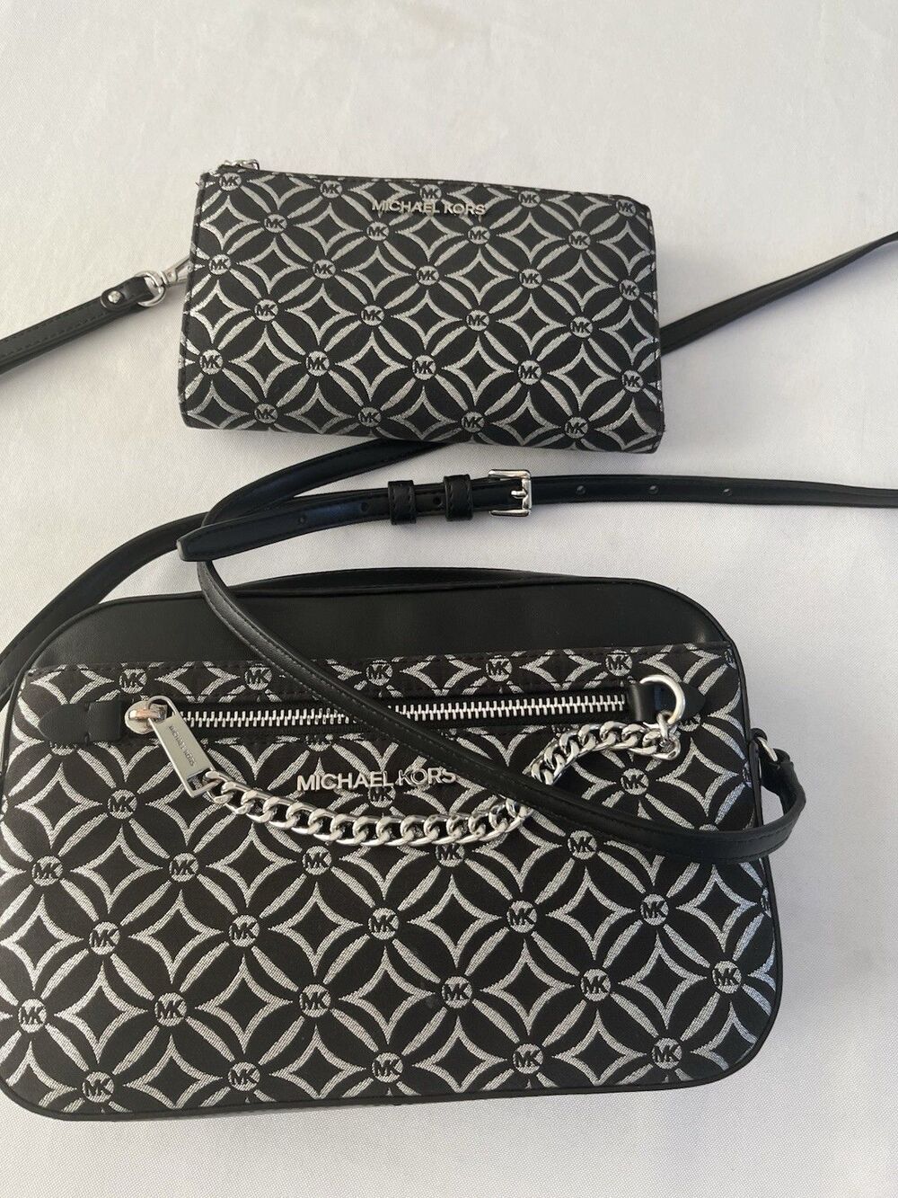 Michael Kors Crossbody Bag & Wallet Set Black Leather Silver Thread & Accents